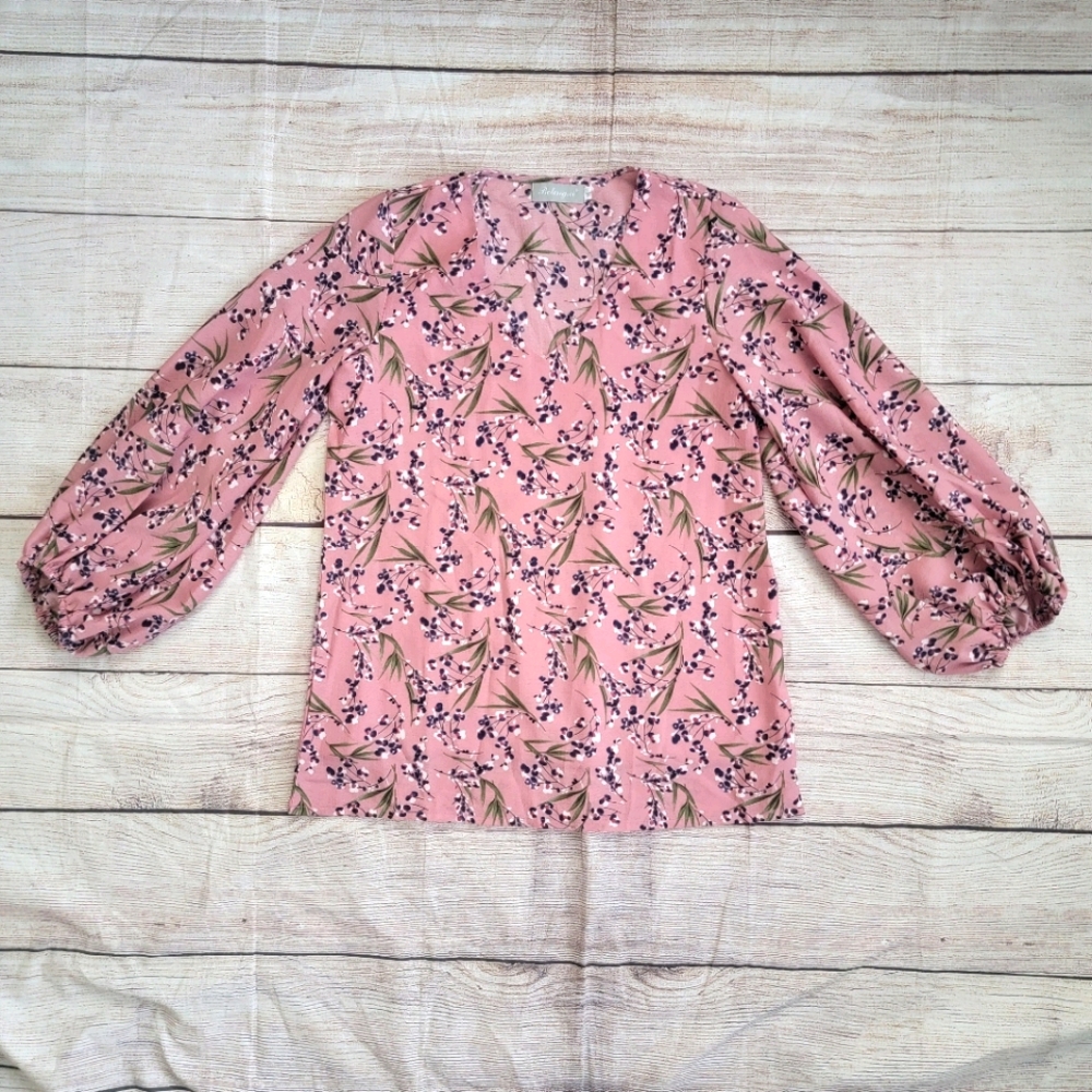 Pink Floral Balloon Sleeve Tunic Medium